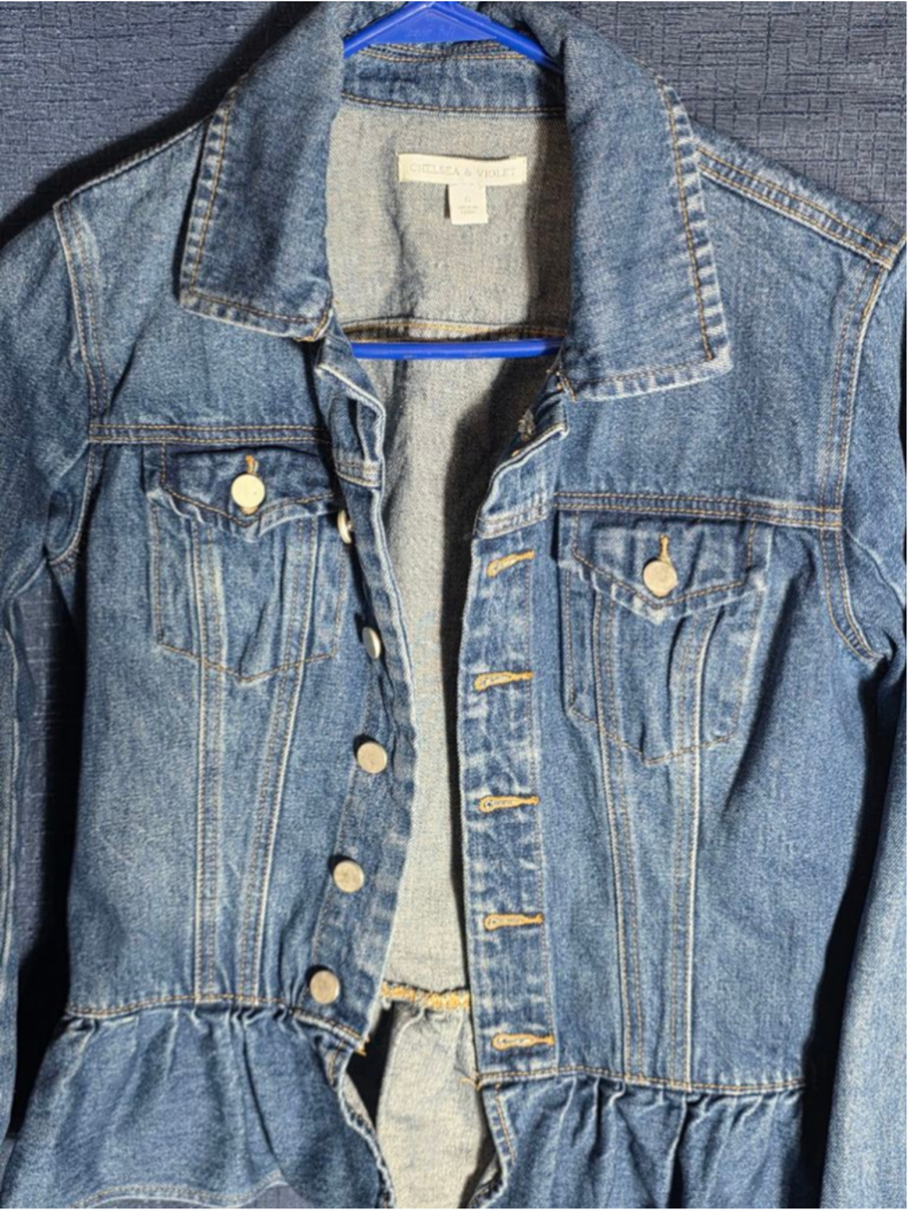 Women's Chelsea & Violet Blue Denim Ruffle Hem Jean Jacket S y2k 90's rock - Picture 5 of 7